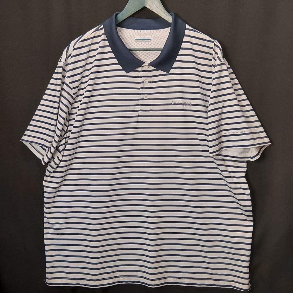 Columbia PFG Omni-Shade XXL Striped Performance Fishing Polo Navy White Vented